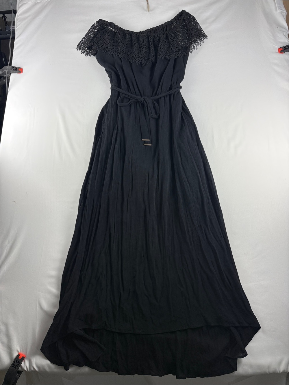 Apt. 9 Black Lace Off Shoulder Maxi Dress Belted Size L NWT
